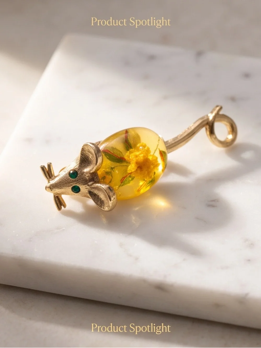 Vintage Gold-Tone Mouse Brooch with Floral Resin Body